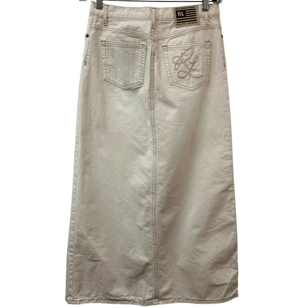 Polo Jeans Co Ralph Lauren Cream Denim Maxi Skirt Front Slit Size 6 7008WUZ1018